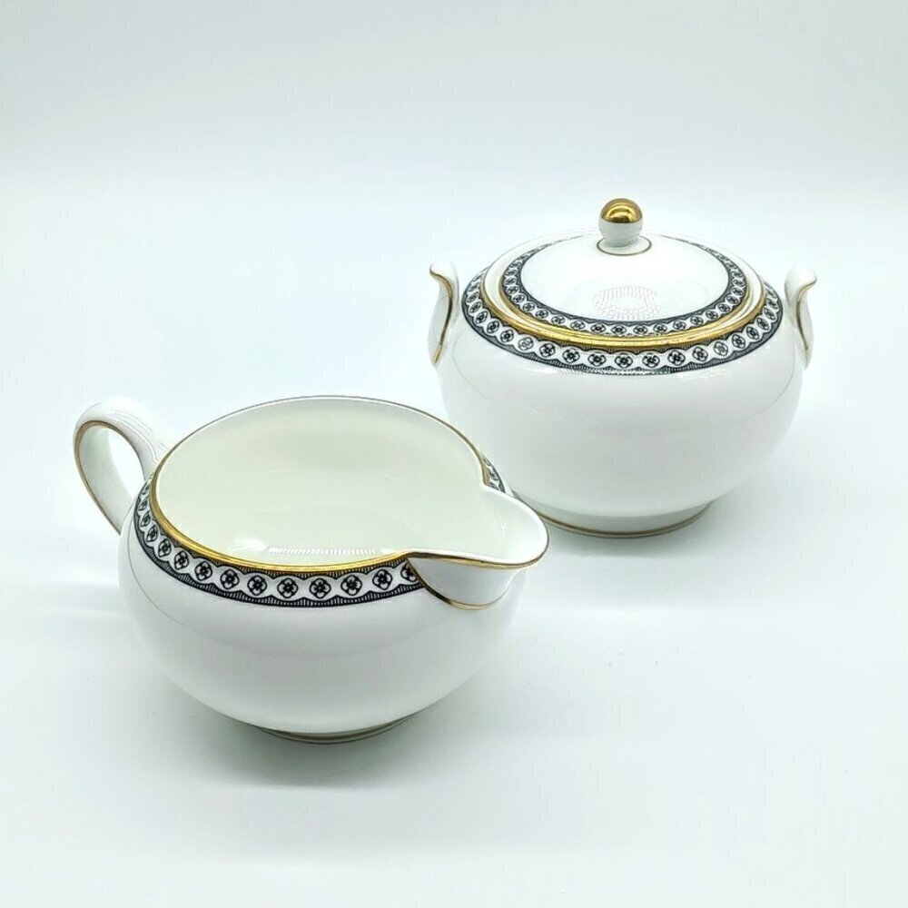 Vintage Wedgwood Ulander Black Bone China Creamer & Sugar Bowl